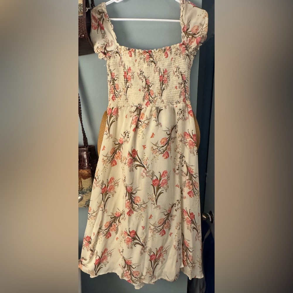 Reformation smocked Pink and Cream Floral Dress